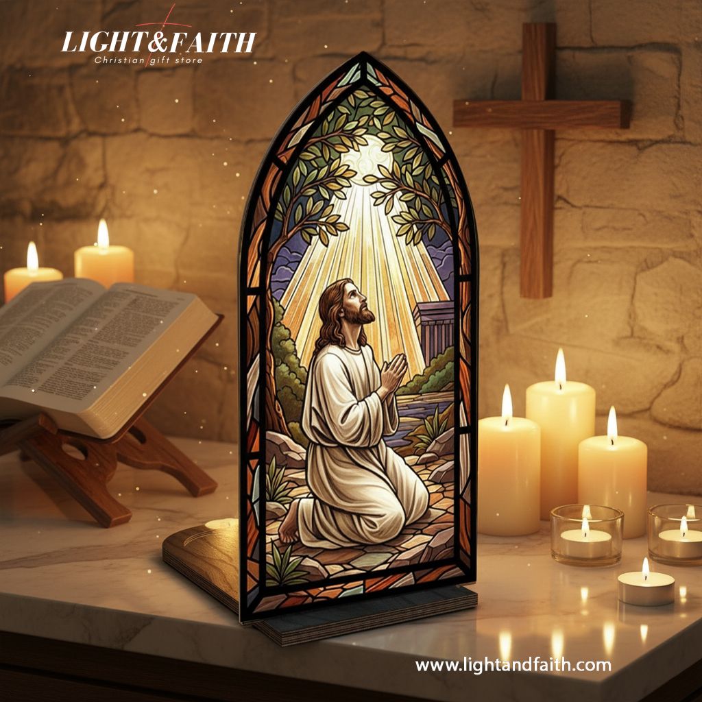 Jesus Praying in Gethsemane Book Nook, Stained Glass Style Acrylic Decor, Christian Gift, Religious Home Decoration BNLAF05
